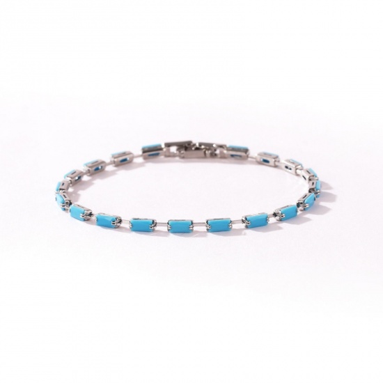Picture of Wholesale Blue Cubic Zirconia Brass Cup Chain Tennis Bracelet, Platinum Plated Women's Ins Style Stylish Gift Jewelry Supply, 17cm(6.7") long, Chain Size: 2.5mm, 1 Piece