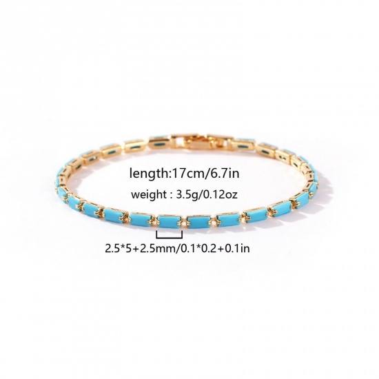 Picture of Wholesale Blue Cubic Zirconia Brass Cup Chain Tennis Bracelet, 18K Gold Plated Women's Ins Style Stylish Gift Jewelry Supply, 17cm(6.7") long, Chain Size: 2.5mm, 1 Piece