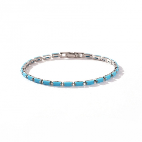 Picture of Wholesale Blue Cubic Zirconia Brass Cup Chain Tennis Bracelet, Platinum Plated Women's Ins Style Stylish Gift Jewelry Supply, 17cm(6.7") long, Chain Size: 2.5mm, 1 Piece