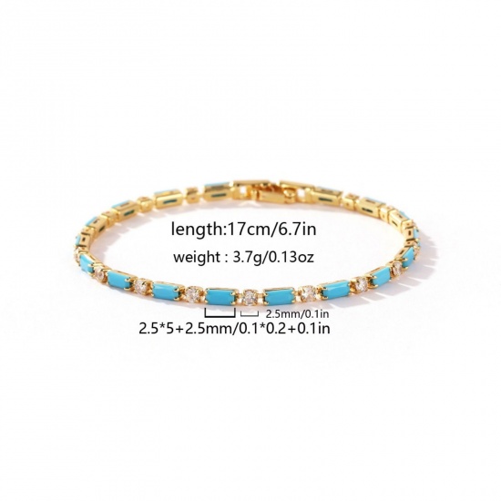Picture of Wholesale Blue Cubic Zirconia Brass Cup Chain Tennis Bracelet, 18K Gold Plated Women's Ins Style Stylish Gift Jewelry Supply, 17cm(6.7") long, Chain Size: 2.5mm, 1 Piece