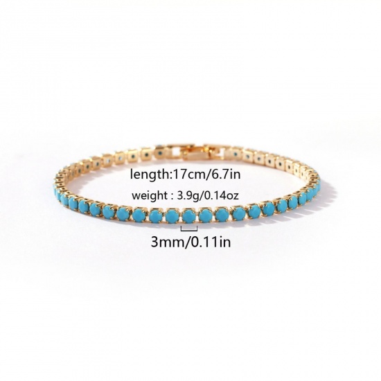 Picture of Wholesale Blue Cubic Zirconia Brass Cup Chain Tennis Bracelet, 18K Gold Plated Women's Ins Style Stylish Gift Jewelry Supply, 17cm(6.7") long, Chain Size: 3mm, 1 Piece