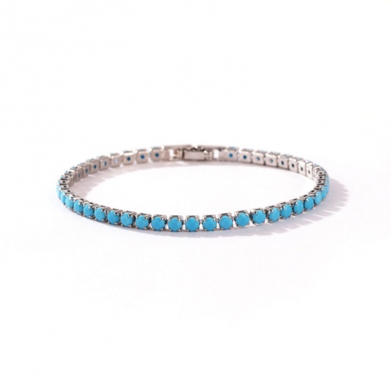 Picture of Wholesale Blue Cubic Zirconia Brass Cup Chain Tennis Bracelet, Platinum Plated Women's Ins Style Stylish Gift Jewelry Supply, 17cm(6.7") long, Chain Size: 3mm, 1 Piece