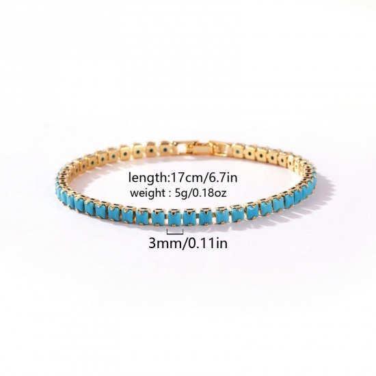 Picture of Wholesale Blue Cubic Zirconia Brass Cup Chain Tennis Bracelet, 18K Gold Plated Women's Ins Style Stylish Gift Jewelry Supply, 17cm(6.7") long, Chain Size: 3mm, 1 Piece