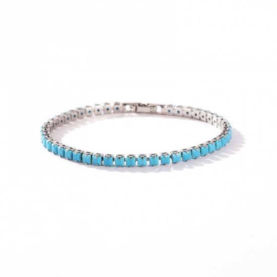 Picture of Wholesale Blue Cubic Zirconia Brass Cup Chain Tennis Bracelet, Platinum Plated Women's Ins Style Stylish Gift Jewelry Supply, 17cm(6.7") long, Chain Size: 3mm, 1 Piece