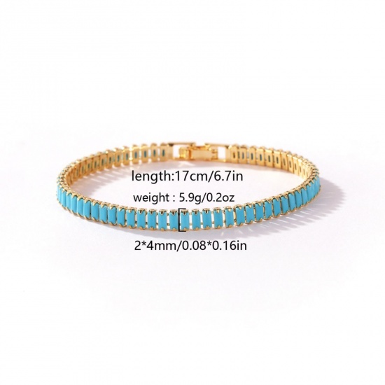 Picture of Wholesale Blue Cubic Zirconia Brass Cup Chain Tennis Bracelet, 18K Gold Plated Women's Ins Style Stylish Gift Jewelry Supply, 17cm(6.7") long, Chain Size: 4mm, 1 Piece