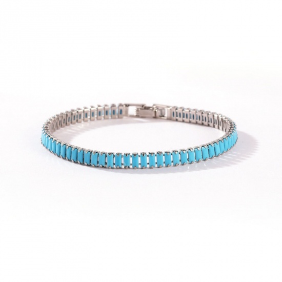 Picture of Wholesale Blue Cubic Zirconia Brass Cup Chain Tennis Bracelet, Platinum Plated Women's Ins Style Stylish Gift Jewelry Supply, 17cm(6.7") long, Chain Size: 4mm, 1 Piece