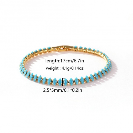 Picture of Wholesale Blue Cubic Zirconia Brass Cup Chain Tennis Bracelet, 18K Gold Plated Women's Ins Style Stylish Gift Jewelry Supply, 17cm(6.7") long, Chain Size: 5mm, 1 Piece
