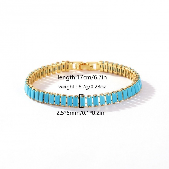 Picture of Wholesale Blue Cubic Zirconia Brass Cup Chain Tennis Bracelet, 18K Gold Plated Women's Ins Style Stylish Gift Jewelry Supply, 17cm(6.7") long, Chain Size: 5mm, 1 Piece