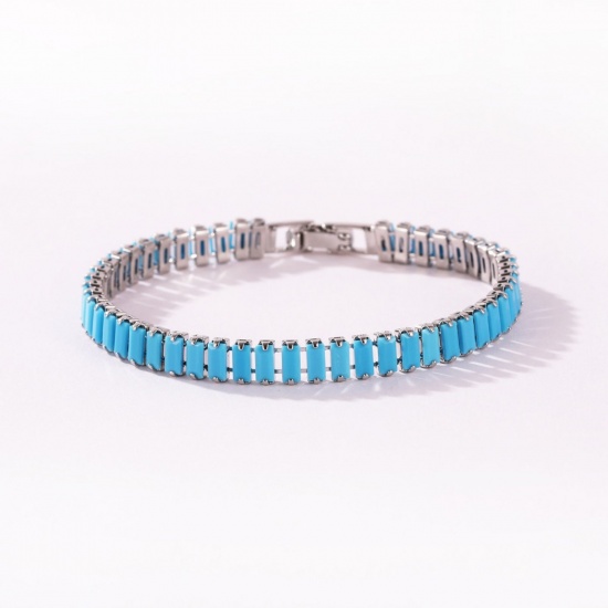 Picture of Wholesale Blue Cubic Zirconia Brass Cup Chain Tennis Bracelet, Platinum Plated Women's Ins Style Stylish Gift Jewelry Supply, 17cm(6.7") long, Chain Size: 5mm, 1 Piece