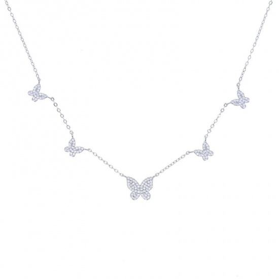 Imagen de Mariposa Claro Circón Artificial Collar de Estación Al Por Mayor, Platino Chapado Latón Mujeres Exquisito Elegante Regalo Joyería Para Minorista, 35cm + 10cm longitud, 1 Unidad