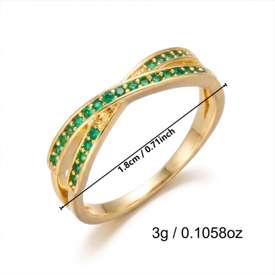 Picture of Wholesale Women's Gift Green Cubic Zirconia Unadjustable Rings, 18K Gold Plated Brass, Stylish Dainty Jewelry Supply, 18.9mm(US Size 9), 1 Piece