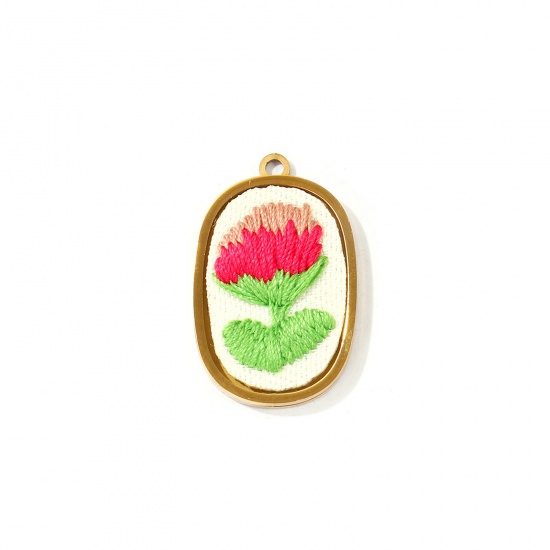 Immagine di 2 Pz PVD Ecologica Anti-Ossidante Ipoallergenico 304 Acciaio Inossidabile Ciondoli All'Ingrosso 18K Vero Oro Placcato Rosa Caldo Ovale Fiore Fatto Ricamato 24mm x 15mm