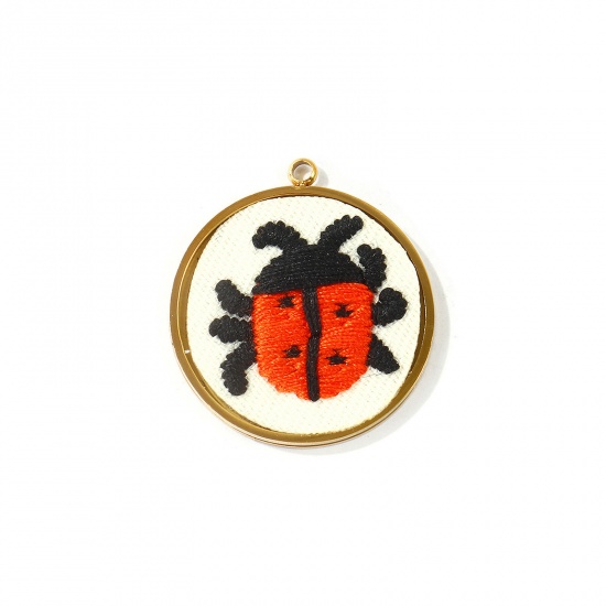Immagine di 2 Pz PVD Ecologica Anti-Ossidante Ipoallergenico 304 Acciaio Inossidabile Ciondoli All'Ingrosso 18K Vero Oro Placcato Nero & Arancione Tondo Disco Coccinella Fatto Ricamato 28.5mm x 25.5mm