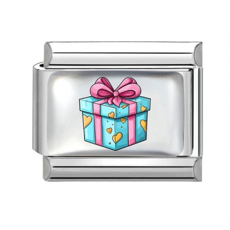 Picture of 1 Piece 304 Stainless Steel Birthday Italian Charm Links For DIY Modular Bracelet Watch Jewelry Making Wholesale Silver Tone Multicolor Rectangle Gift Box 10mm x 9mm