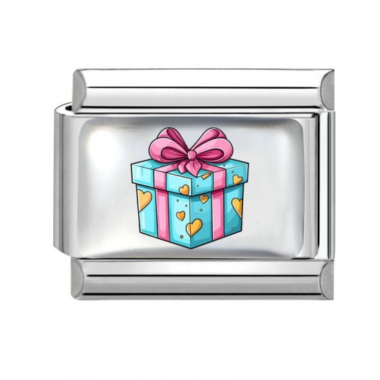 Picture of 1 Piece 304 Stainless Steel Birthday Italian Charm Links For DIY Modular Bracelet Watch Jewelry Making Wholesale Silver Tone Multicolor Rectangle Gift Box 10mm x 9mm