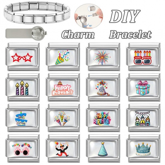 Picture of 1 Piece 304 Stainless Steel Birthday Italian Charm Links For DIY Modular Bracelet Watch Jewelry Making Wholesale Silver Tone Multicolor Rectangle Gift Box 10mm x 9mm