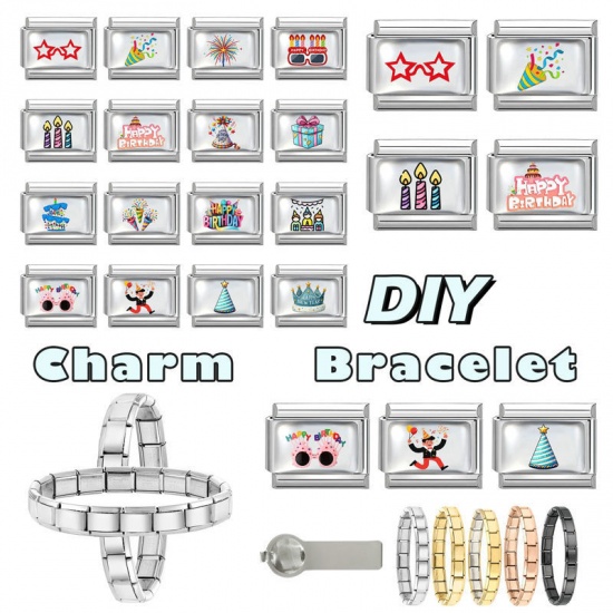 Picture of 1 Piece 304 Stainless Steel Birthday Italian Charm Links For DIY Modular Bracelet Watch Jewelry Making Wholesale Silver Tone Multicolor Rectangle Gift Box 10mm x 9mm