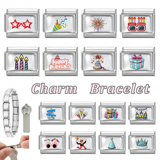 Picture of 1 Piece 304 Stainless Steel Birthday Italian Charm Links For DIY Modular Bracelet Watch Jewelry Making Wholesale Silver Tone Multicolor Rectangle Gift Box 10mm x 9mm