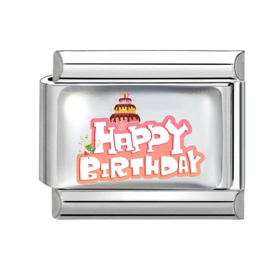 Picture of 1 Piece 304 Stainless Steel Birthday Italian Charm Links For DIY Modular Bracelet Watch Jewelry Making Wholesale Silver Tone Pink Rectangle Cake Message " HAPPY BIRTHDAY " 10mm x 9mm