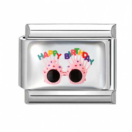 Picture of 1 Piece 304 Stainless Steel Birthday Italian Charm Links For DIY Modular Bracelet Watch Jewelry Making Wholesale Silver Tone Pink Rectangle Eyeglasses Message " HAPPY BIRTHDAY " 10mm x 9mm