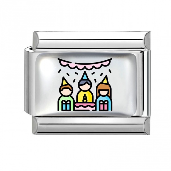 Picture of 1 Piece 304 Stainless Steel Birthday Italian Charm Links For DIY Modular Bracelet Watch Jewelry Making Wholesale Silver Tone Multicolor Rectangle Boy & Girl Lover 10mm x 9mm