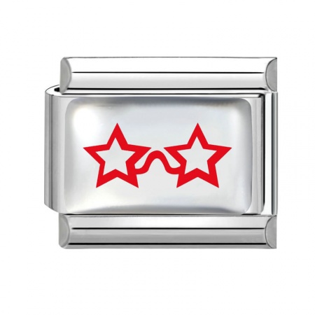 Picture of 1 Piece 304 Stainless Steel Birthday Italian Charm Links For DIY Modular Bracelet Watch Jewelry Making Wholesale Silver Tone Red Rectangle Eyeglasses 10mm x 9mm