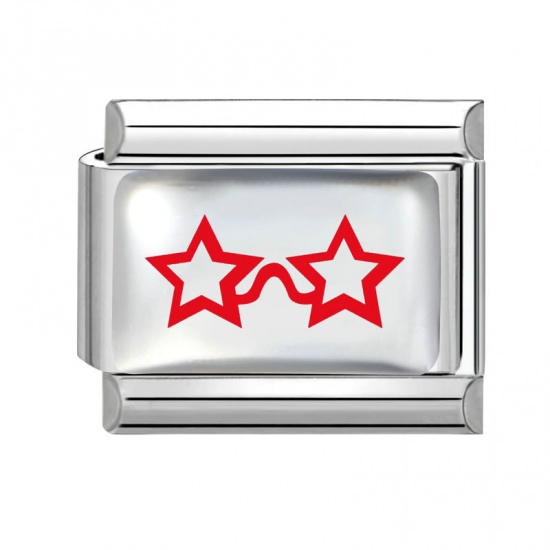 Picture of 1 Piece 304 Stainless Steel Birthday Italian Charm Links For DIY Modular Bracelet Watch Jewelry Making Wholesale Silver Tone Red Rectangle Eyeglasses 10mm x 9mm
