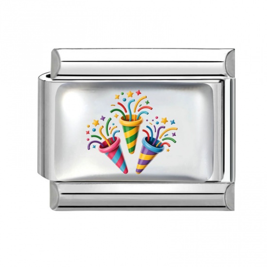 Picture of 1 Piece 304 Stainless Steel Birthday Italian Charm Links For DIY Modular Bracelet Watch Jewelry Making Wholesale Silver Tone Multicolor Rectangle Confetti Popper 10mm x 9mm