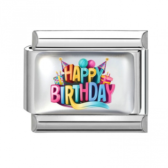 Picture of 1 Piece 304 Stainless Steel Birthday Italian Charm Links For DIY Modular Bracelet Watch Jewelry Making Wholesale Silver Tone Multicolor Rectangle Message " HAPPY BIRTHDAY " 10mm x 9mm