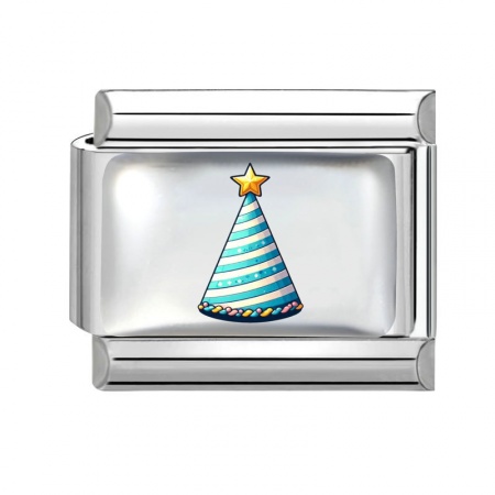Picture of 1 Piece 304 Stainless Steel Birthday Italian Charm Links For DIY Modular Bracelet Watch Jewelry Making Wholesale Silver Tone Blue Rectangle Hat 10mm x 9mm