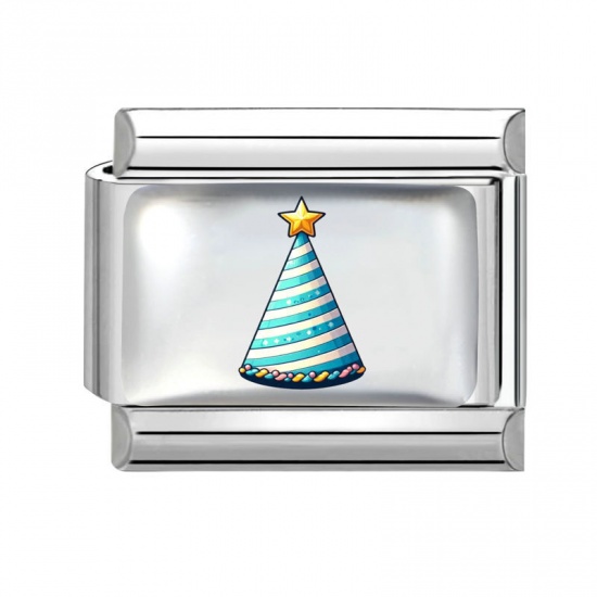 Picture of 1 Piece 304 Stainless Steel Birthday Italian Charm Links For DIY Modular Bracelet Watch Jewelry Making Wholesale Silver Tone Blue Rectangle Hat 10mm x 9mm