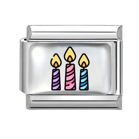Picture of 1 Piece 304 Stainless Steel Birthday Italian Charm Links For DIY Modular Bracelet Watch Jewelry Making Wholesale Silver Tone Multicolor Rectangle Candle 10mm x 9mm