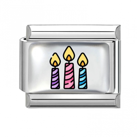 Picture of 1 Piece 304 Stainless Steel Birthday Italian Charm Links For DIY Modular Bracelet Watch Jewelry Making Wholesale Silver Tone Multicolor Rectangle Candle 10mm x 9mm
