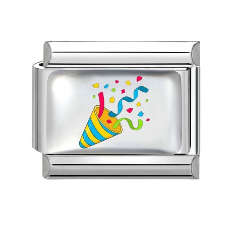 Picture of 1 Piece 304 Stainless Steel Birthday Italian Charm Links For DIY Modular Bracelet Watch Jewelry Making Wholesale Silver Tone Multicolor Rectangle Confetti Popper 10mm x 9mm