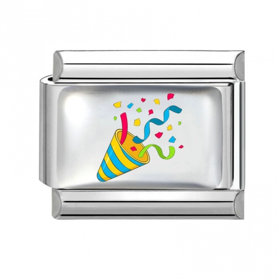 Picture of 1 Piece 304 Stainless Steel Birthday Italian Charm Links For DIY Modular Bracelet Watch Jewelry Making Wholesale Silver Tone Multicolor Rectangle Confetti Popper 10mm x 9mm
