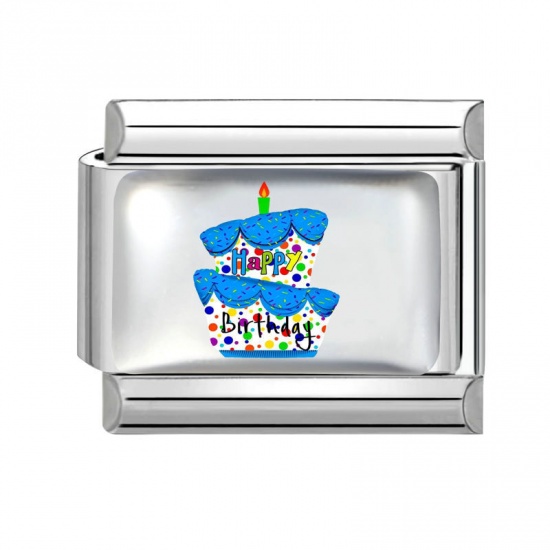 Picture of 1 Piece 304 Stainless Steel Birthday Italian Charm Links For DIY Modular Bracelet Watch Jewelry Making Wholesale Silver Tone Multicolor Rectangle Cake 10mm x 9mm