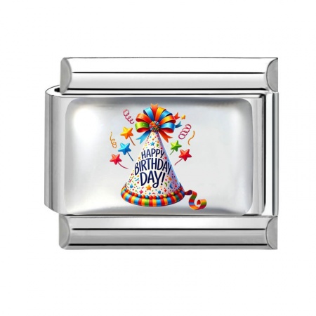 Picture of 1 Piece 304 Stainless Steel Birthday Italian Charm Links For DIY Modular Bracelet Watch Jewelry Making Wholesale Silver Tone Multicolor Rectangle Hat 10mm x 9mm
