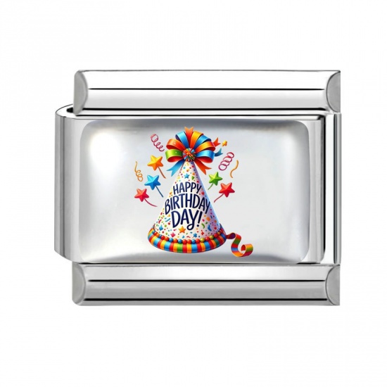 Picture of 1 Piece 304 Stainless Steel Birthday Italian Charm Links For DIY Modular Bracelet Watch Jewelry Making Wholesale Silver Tone Multicolor Rectangle Hat 10mm x 9mm
