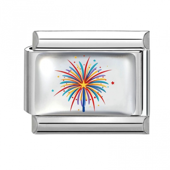 Picture of 1 Piece 304 Stainless Steel Birthday Italian Charm Links For DIY Modular Bracelet Watch Jewelry Making Wholesale Silver Tone Multicolor Rectangle Fireworks 10mm x 9mm