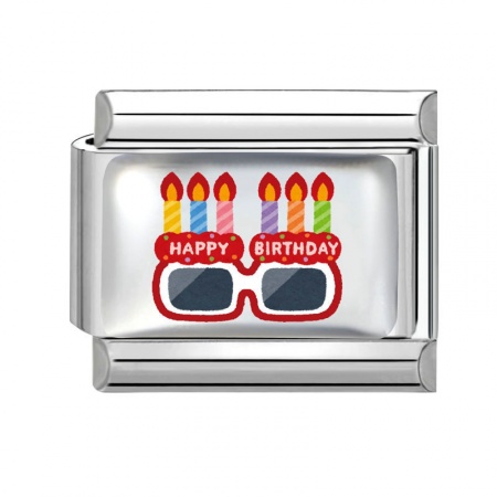 Picture of 1 Piece 304 Stainless Steel Birthday Italian Charm Links For DIY Modular Bracelet Watch Jewelry Making Wholesale Silver Tone Multicolor Rectangle Eyeglasses 10mm x 9mm