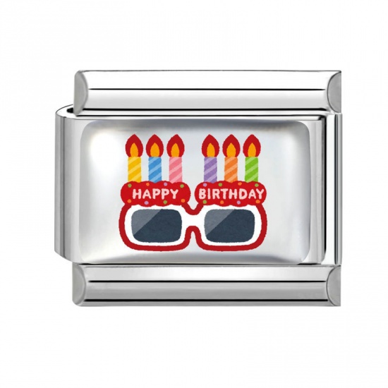 Picture of 1 Piece 304 Stainless Steel Birthday Italian Charm Links For DIY Modular Bracelet Watch Jewelry Making Wholesale Silver Tone Multicolor Rectangle Eyeglasses 10mm x 9mm