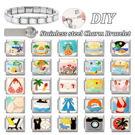 1 個 304ステンレス鋼 海ジュエリー イタリアンチャームリンク DIY モジュラーブレスレット・時計用 卸売り シルバートーン 多色 エナメル 長方形 ハンモック 10mmx 9mm、 の画像