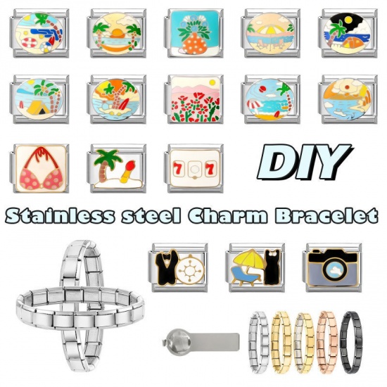 1 個 304ステンレス鋼 海ジュエリー イタリアンチャームリンク DIY モジュラーブレスレット・時計用 卸売り シルバートーン 多色 エナメル 長方形 ハンモック 10mmx 9mm、 の画像