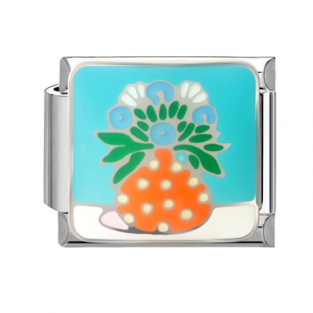 Picture of 1 Piece 304 Stainless Steel Italian Charm Links For DIY Modular Bracelet Watch Jewelry Making Wholesale Silver Tone Multicolor Enamel Rectangle Flower Vase 10mm x 9mm