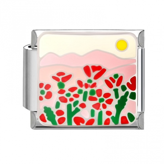 Picture of 1 Piece 304 Stainless Steel Italian Charm Links For DIY Modular Bracelet Watch Jewelry Making Wholesale Silver Tone Red Enamel Rectangle Flower 10mm x 9mm