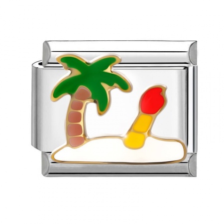 Picture of 1 Piece 304 Stainless Steel Ocean Jewelry Italian Charm Links For DIY Modular Bracelet Watch Jewelry Making Wholesale Silver Tone Multicolor Enamel Rectangle Coconut Palm Tree 10mm x 9mm