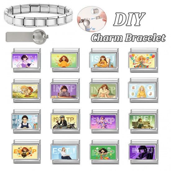 Picture of 1 Piece 304 Stainless Steel MBTI Personality Type Italian Charm Links For DIY Modular Bracelet Watch Jewelry Making Wholesale Silver Tone Light Green Rectangle Girl Message " ENFJ " 10mm x 9mm