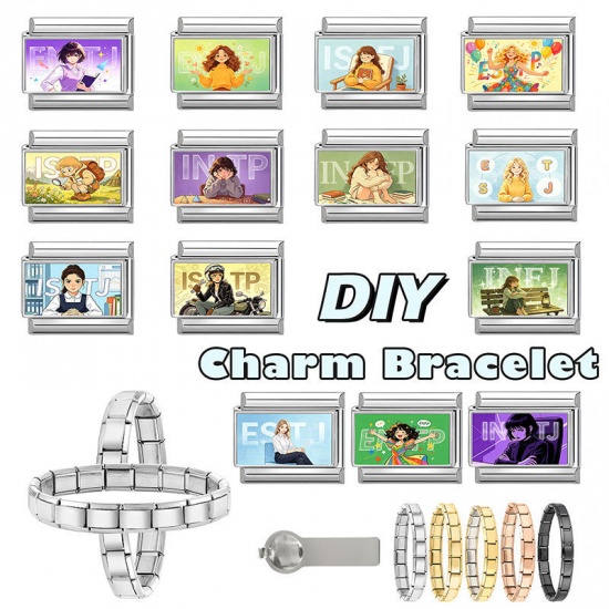 Picture of 1 Piece 304 Stainless Steel MBTI Personality Type Italian Charm Links For DIY Modular Bracelet Watch Jewelry Making Wholesale Silver Tone Light Green Rectangle Girl Message " ENFJ " 10mm x 9mm