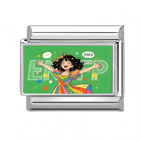 Picture of 1 Piece 304 Stainless Steel MBTI Personality Type Italian Charm Links For DIY Modular Bracelet Watch Jewelry Making Wholesale Silver Tone Green Rectangle Girl Message " ENFP " 10mm x 9mm