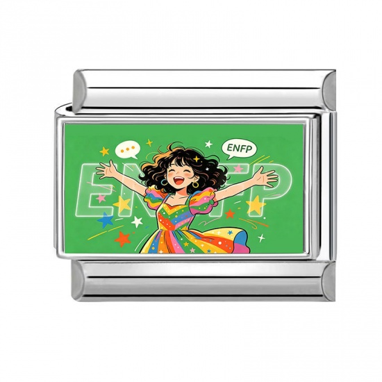 Picture of 1 Piece 304 Stainless Steel MBTI Personality Type Italian Charm Links For DIY Modular Bracelet Watch Jewelry Making Wholesale Silver Tone Green Rectangle Girl Message " ENFP " 10mm x 9mm